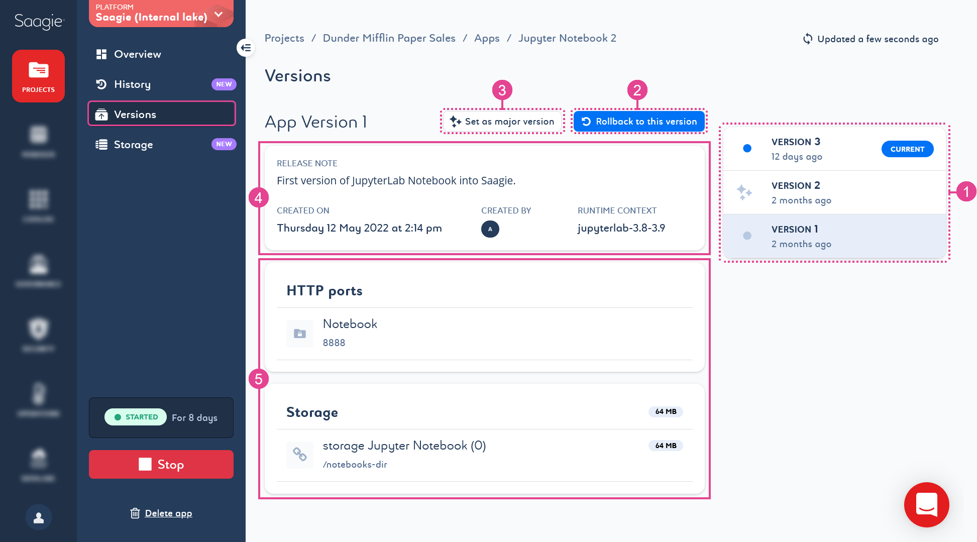 Screenshot of the "Versions" page of an app.