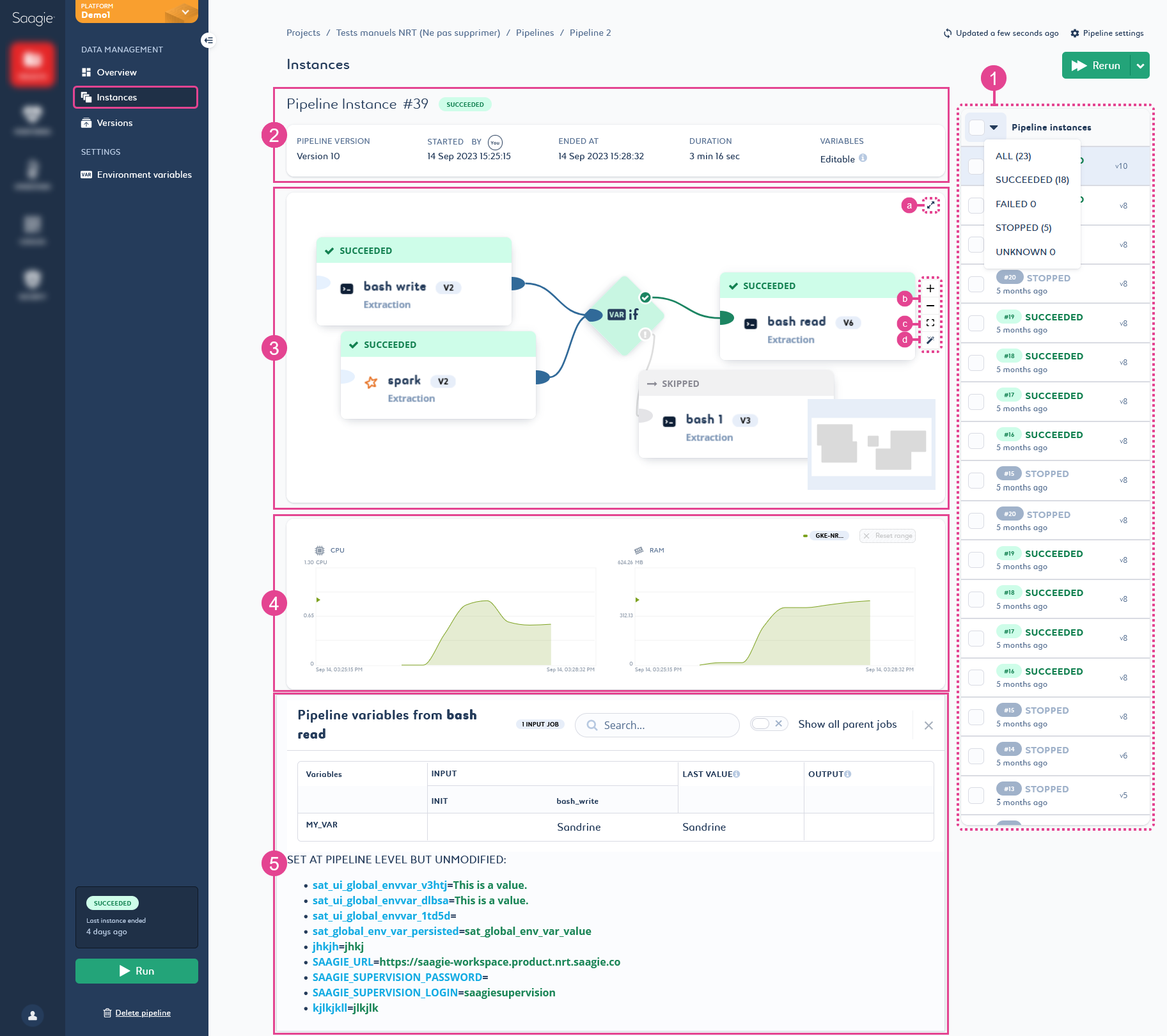 Screenshot of the "Instances" page of a pipeline.