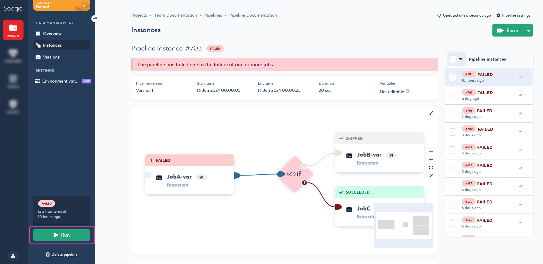 pipeline run button secondary nav menu