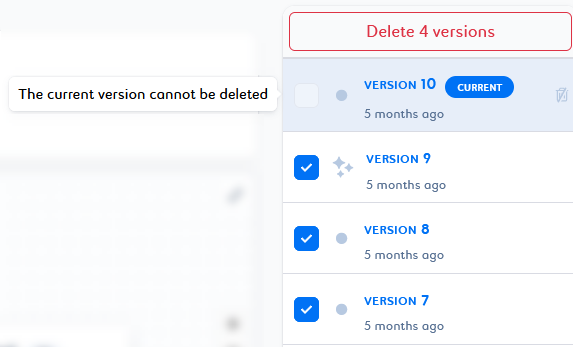 pipeline versions deletion selection