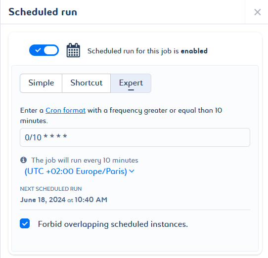 Screenshot of the settings for the scheduled run type in expert mode