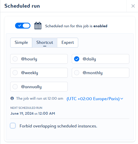 Screenshot of the settings for the scheduled run type in shortcut mode