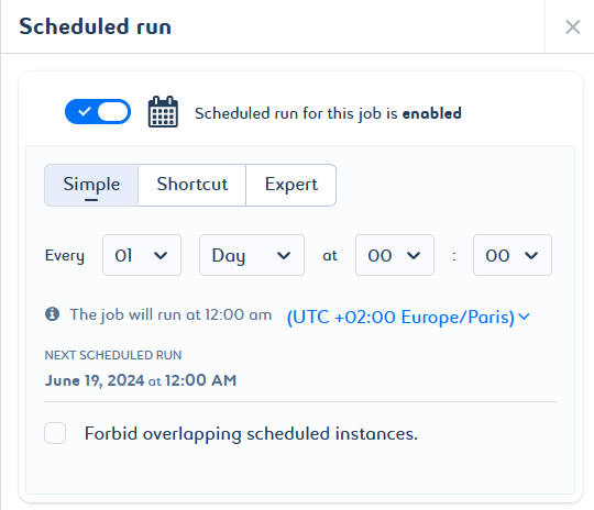 Screenshot of the settings for the scheduled run type in simple mode